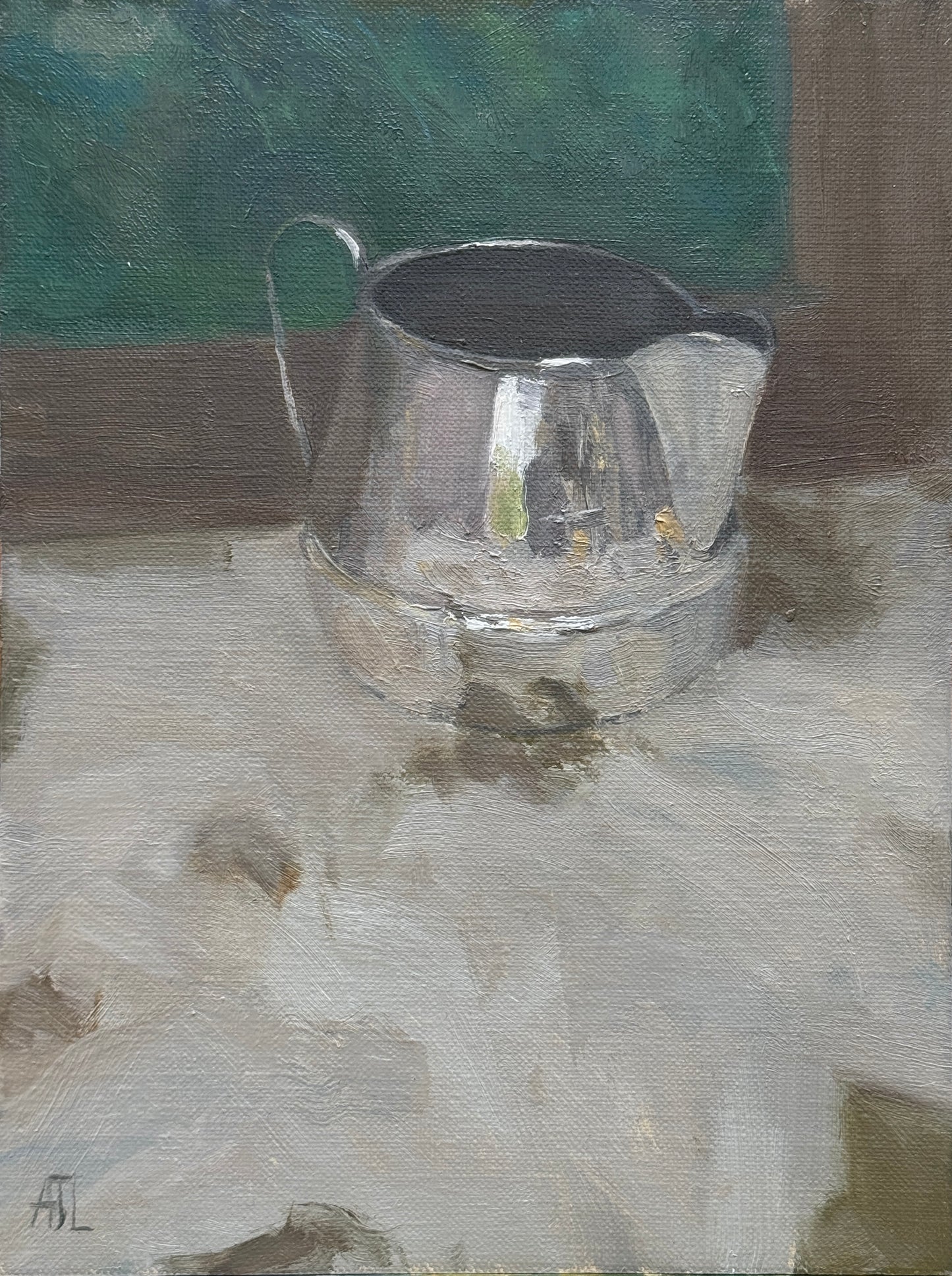 An oil painting of a small silver milk jug with a green background and cream foreground.