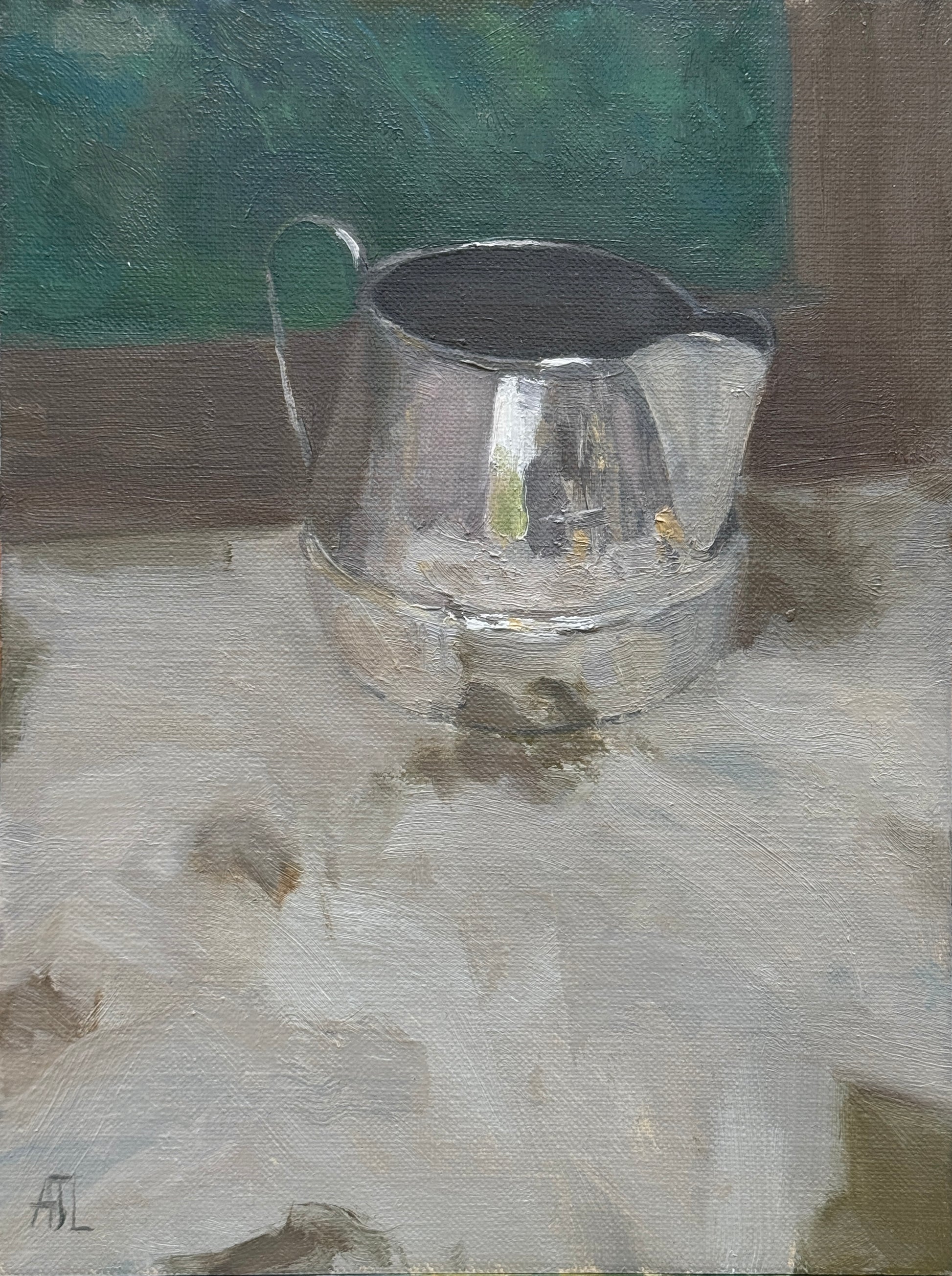 An oil painting of a small silver milk jug with a green background and cream foreground.
