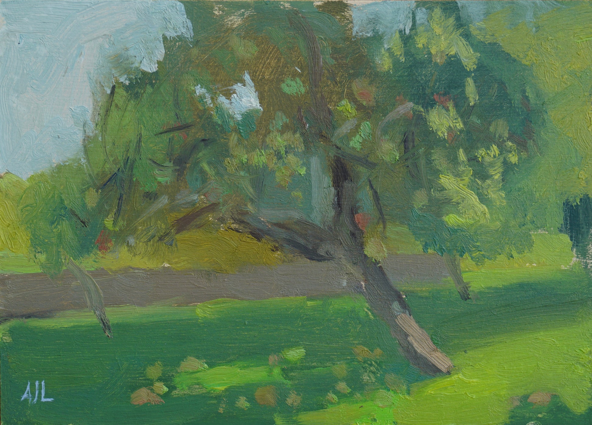 An oil painting of a small apple tree leaning towards the left on a cloudless autumn day, with strong sunlight creating many shades of green while just-visible are red apples in the tree and on the ground. The artist has signed AJL in blue, for "Alex James Long", at the bottom left of the artwork. 