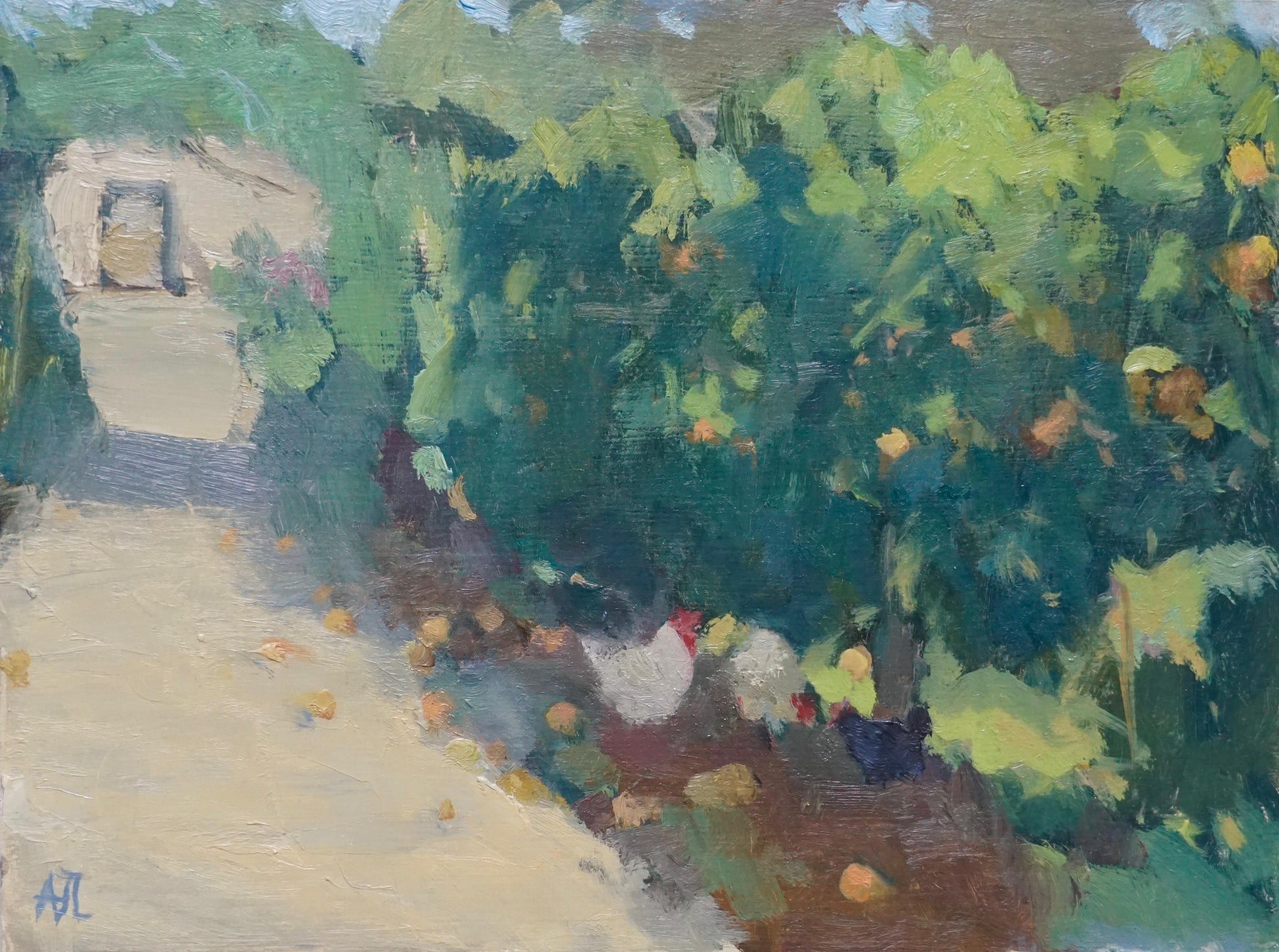 An original oil painting of a garden in the autumn, with a path on the left and an archway with plants grown on it. To the right is a wall of trained apple trees with apples on the branches and on the ground, with white chickens wandering amongst the apples. The artist has signed AJL in blue, for "Alex James Long", at the bottom left of the artwork. 