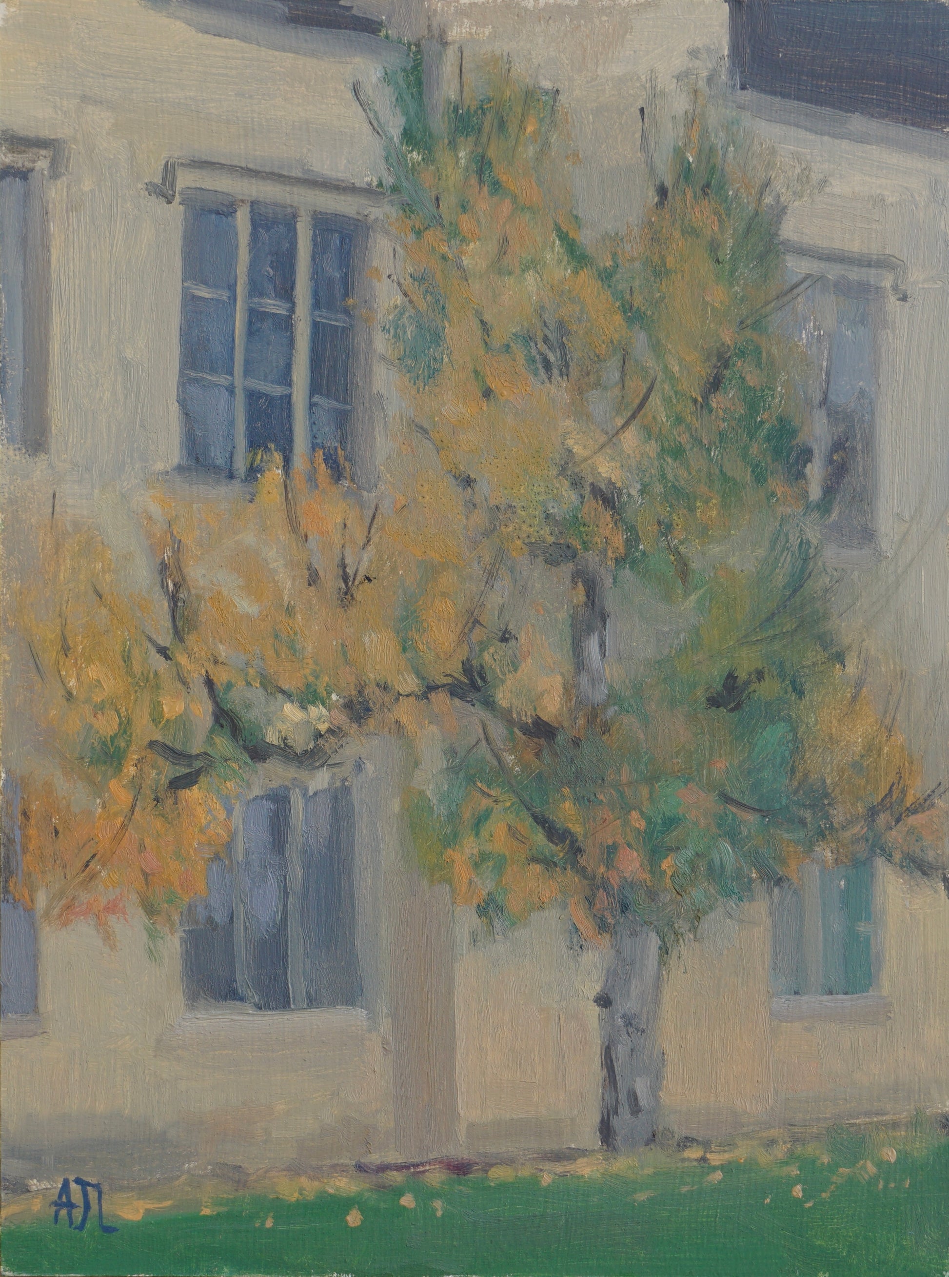 An original oil painting of the exterior facade of the Cogges Manor Farm main house, with a focus on the golden-orange autumn colours of the wisteria that covered the stone walls except for the dark paned windows. The artist has signed AJL in blue, for "Alex James Long", at the bottom left of the artwork. 