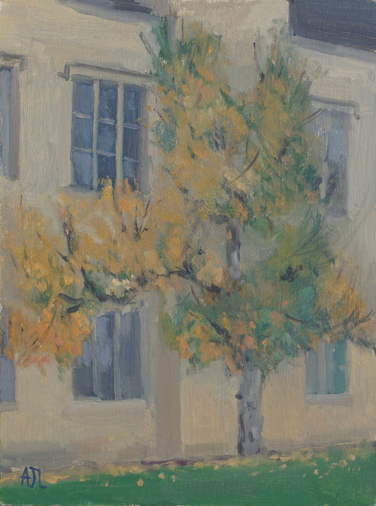 An original oil painting of the exterior facade of the Cogges Manor Farm main house, with a focus on the golden-orange autumn colours of the wisteria that covered the stone walls except for the dark paned windows. The artist has signed AJL in blue, for "Alex James Long", at the bottom left of the artwork. 