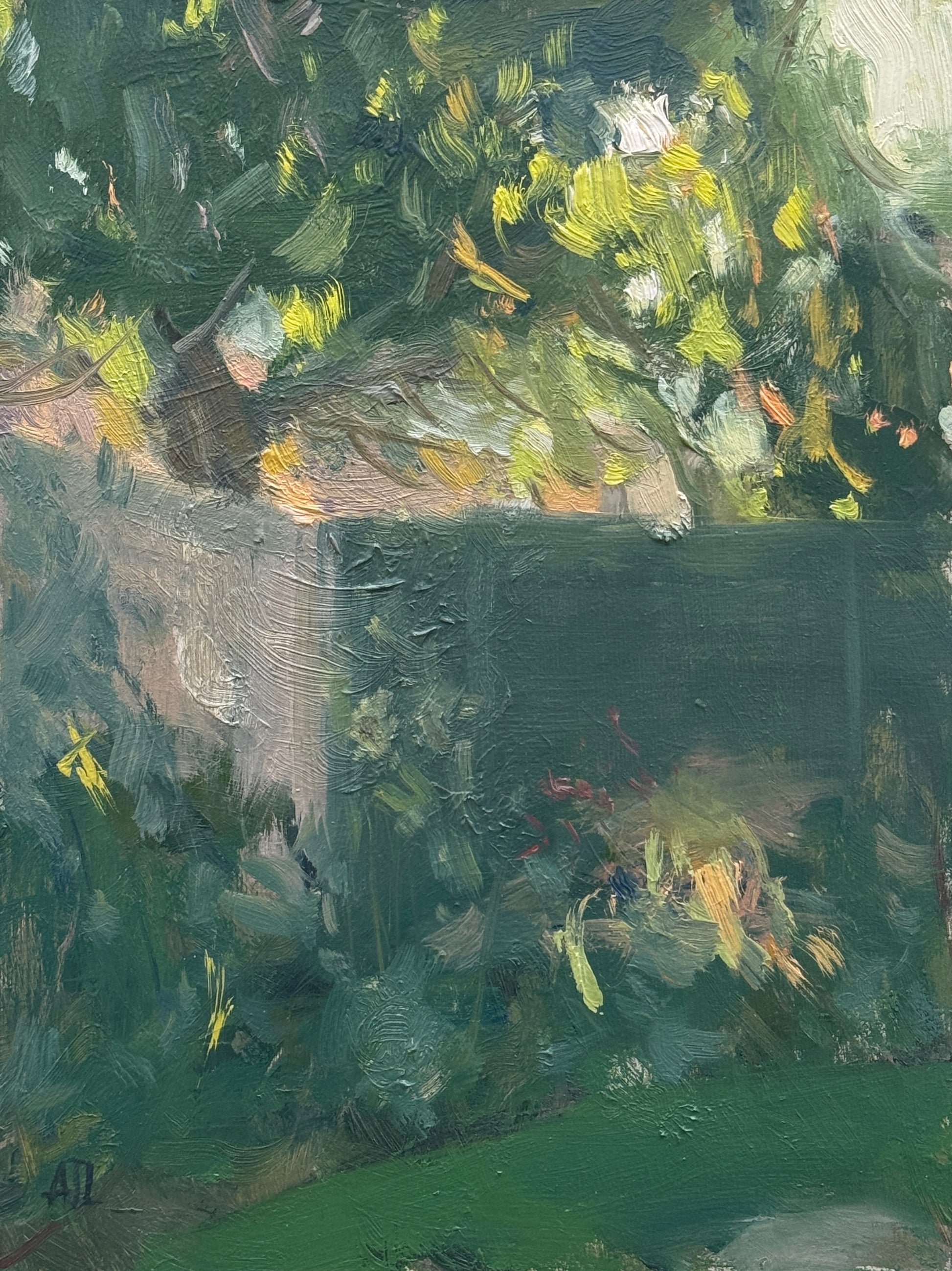 An original oil painting of a corner in a back garden.