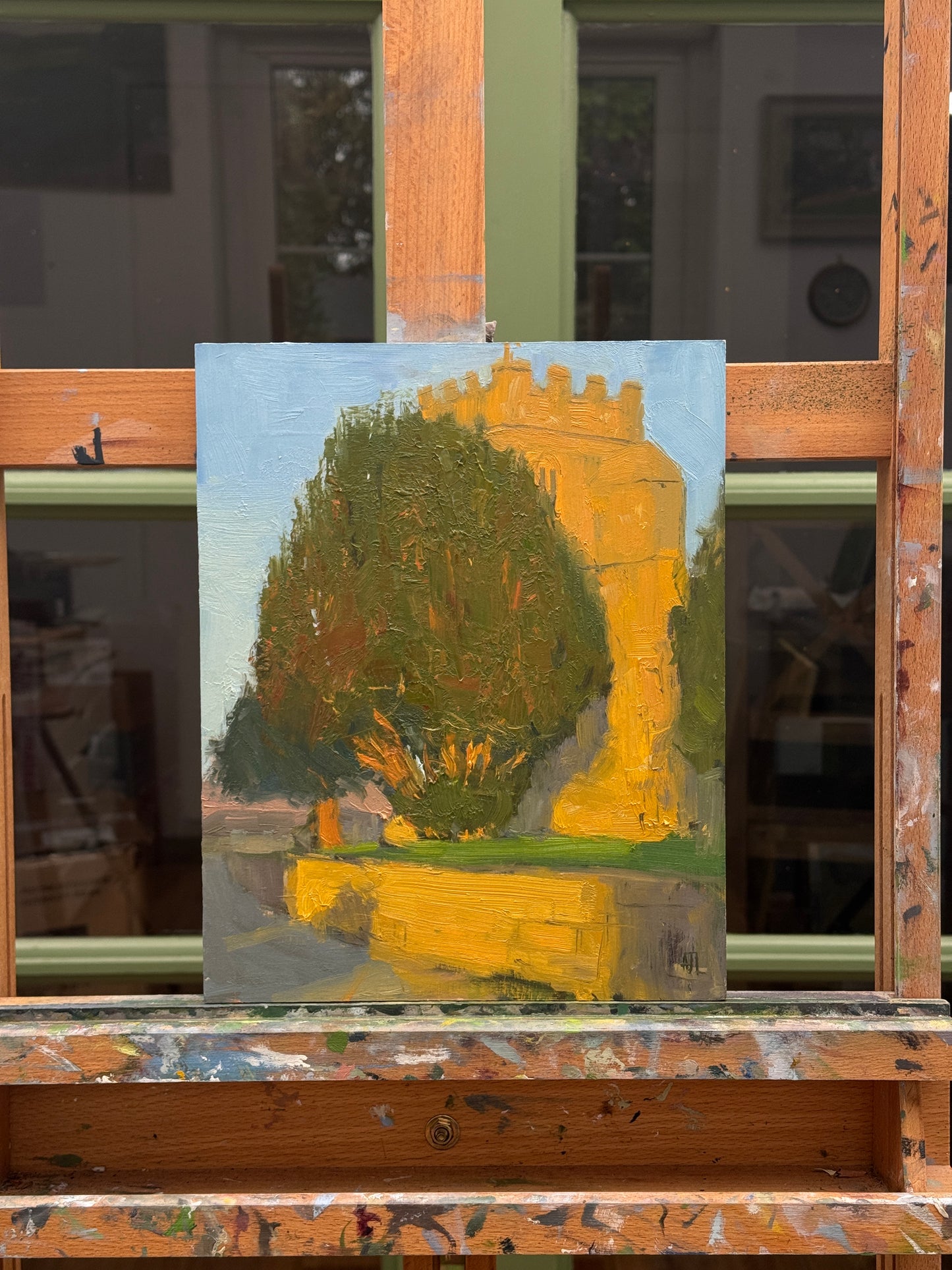 The original artwork on the artist easel as seen from the front.