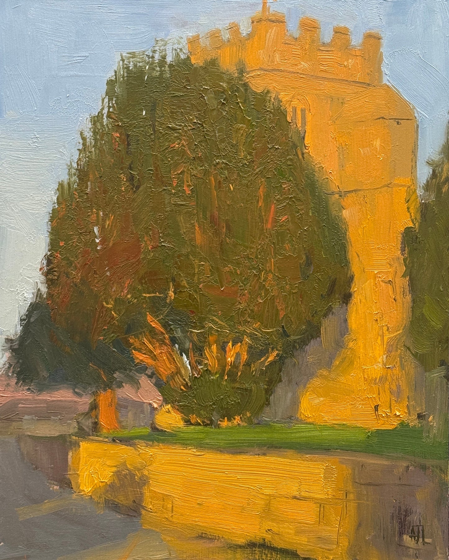 An original oil painting of a church bell tower with a yew tree in front at golden hour.
