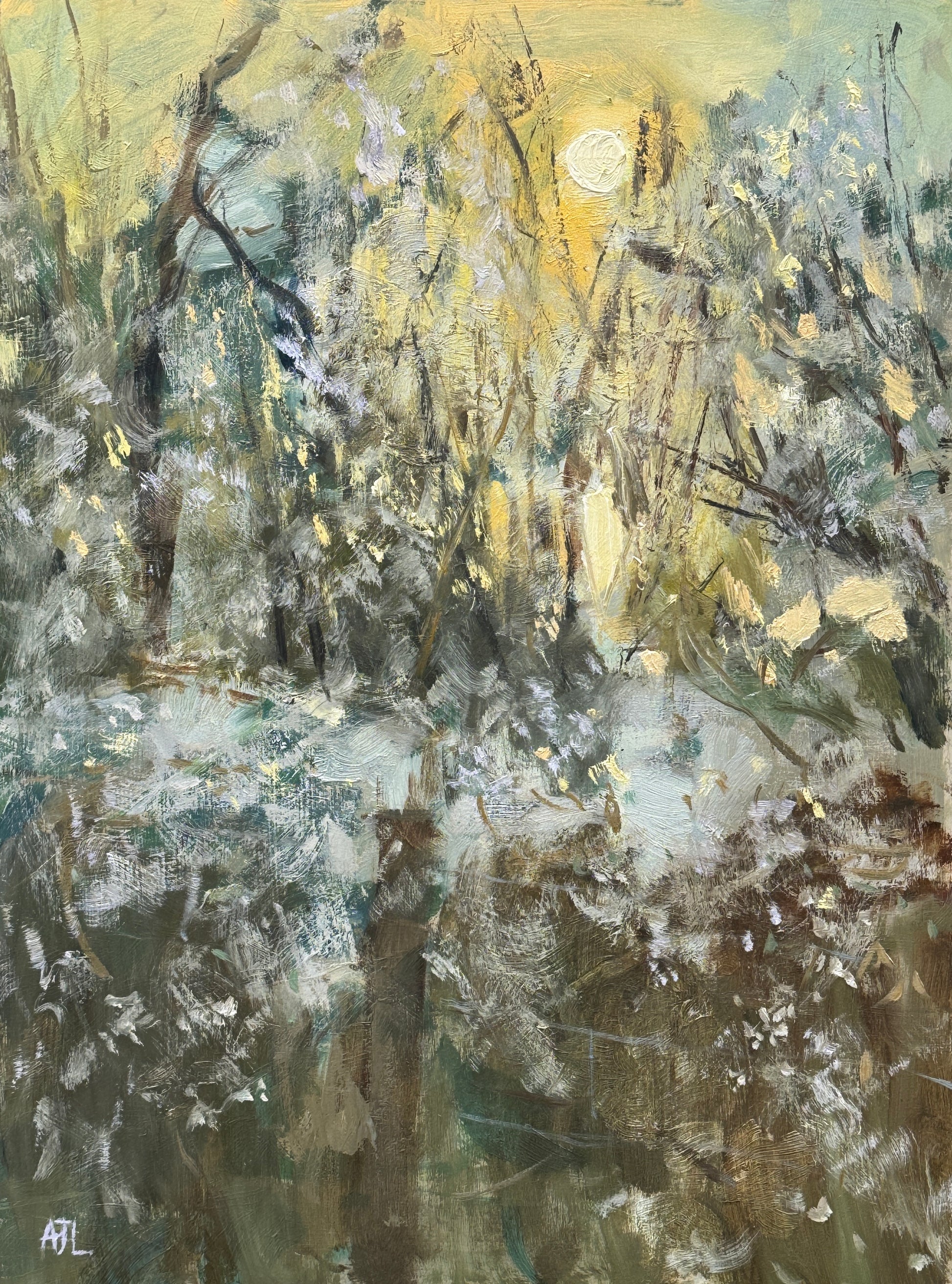A bright sun shines through black branches adorned with white flowers in an impressionistic oil painting.