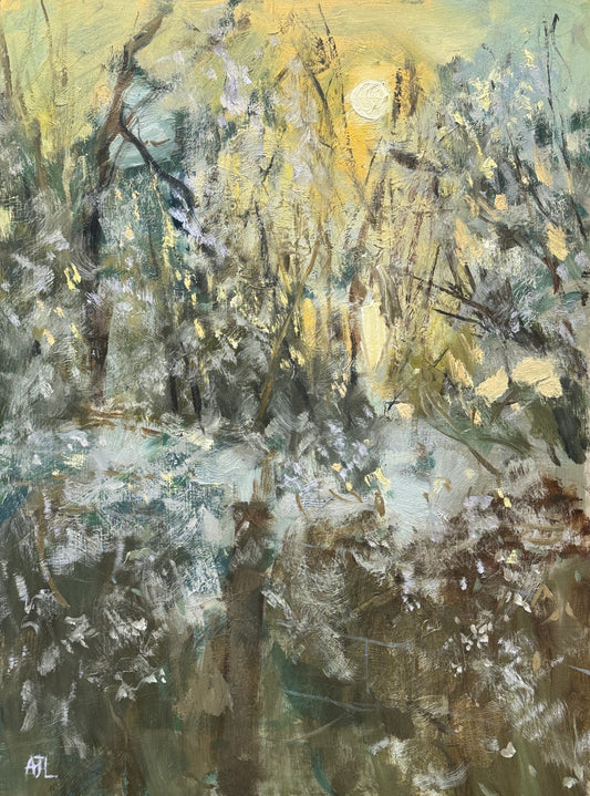 A bright sun shines through black branches adorned with white flowers in an impressionistic oil painting.