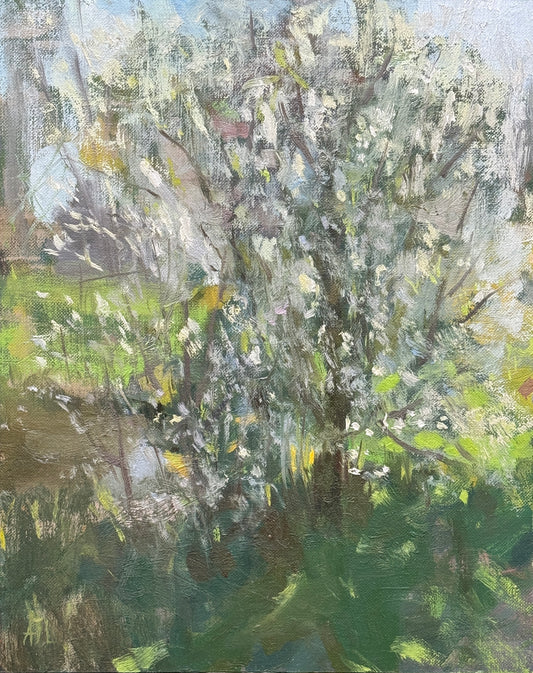 Impressionistic oil painting of a flowering tree with white blossoms and green foliage, rendered in textured brushstrokes of white, green, gray, and soft yellow.