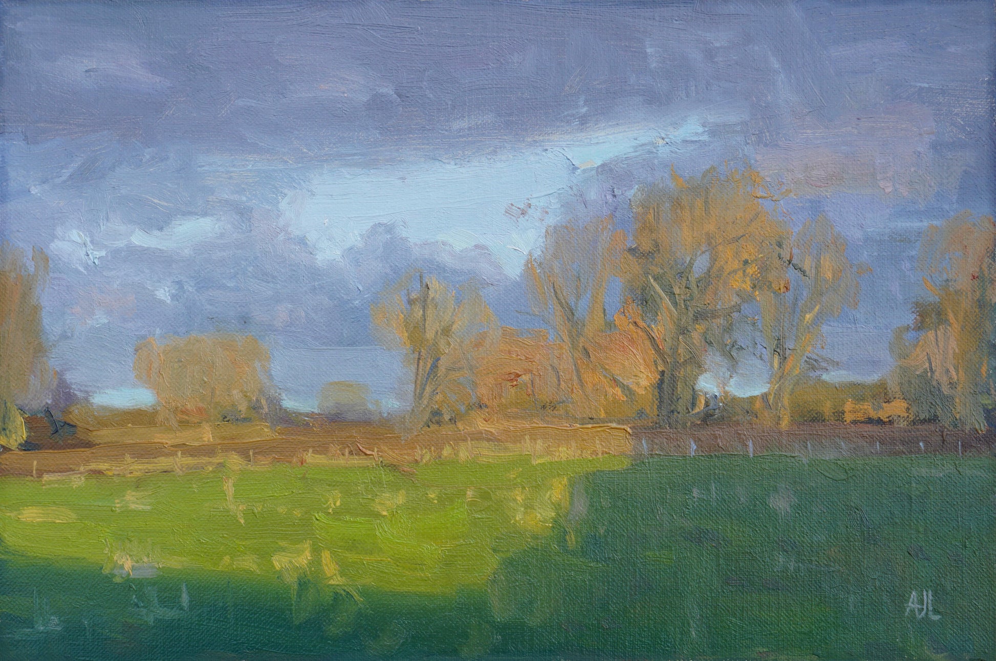 An original oil painting of a landscape, with a green field in the foreground, a line of trees in the midground and, above, violet clouds with a break in the clouds showing a light blue sky. The artist has signed AJL in blue, for "Alex James Long", at the bottom right of the artwork.