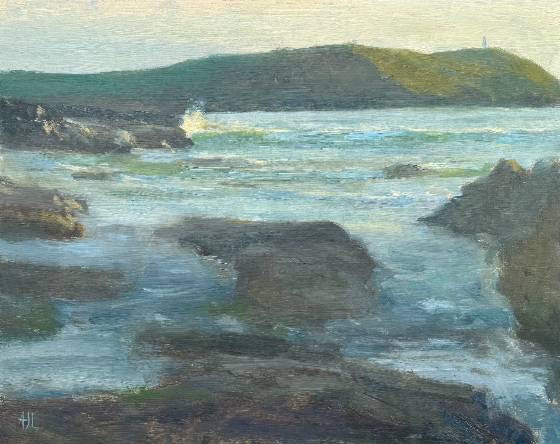 An original oil painting of a coastal scene with a lighthouse just visible in the distance.