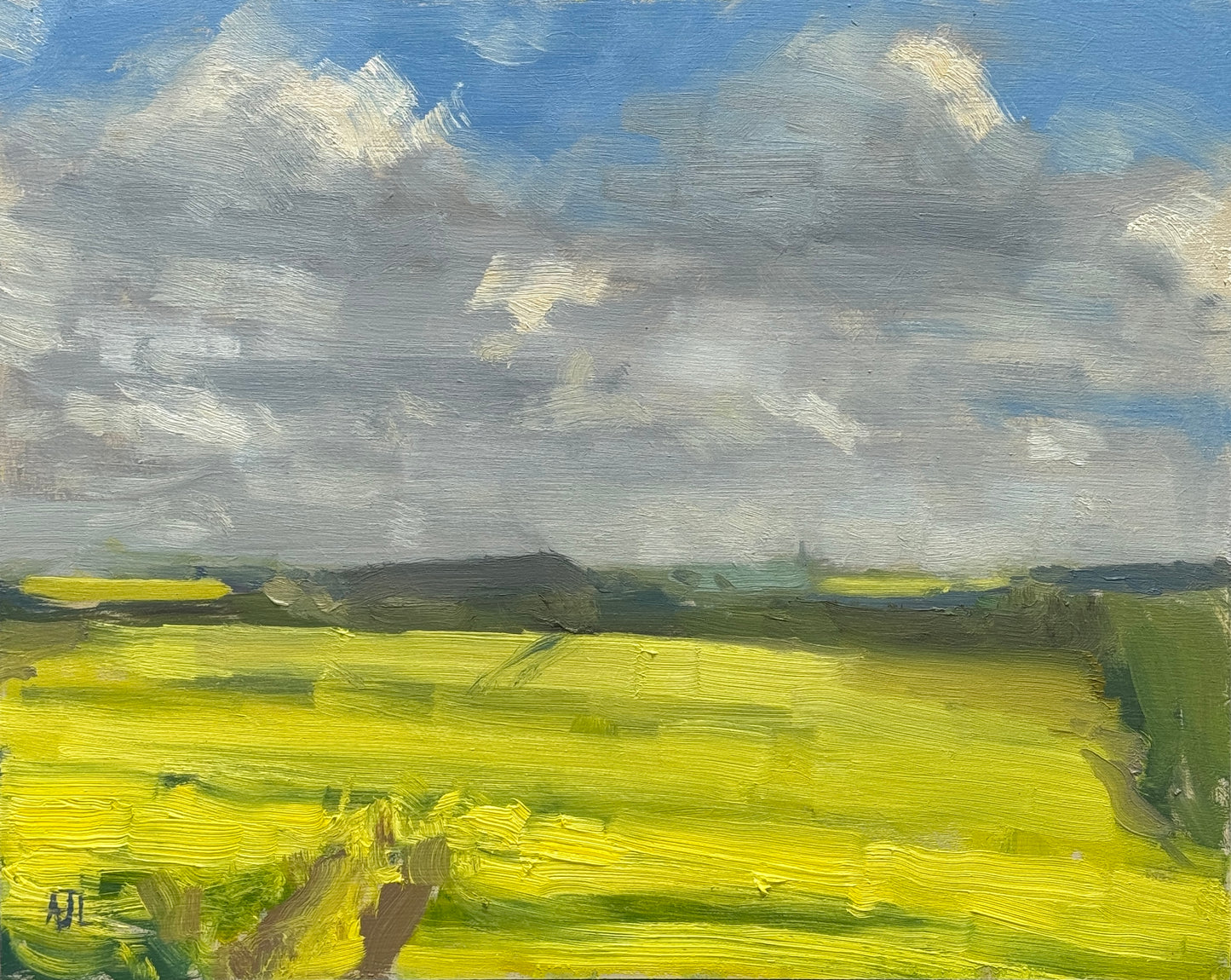 An original oil painting of yellow fields under a blue sky filled with clouds.