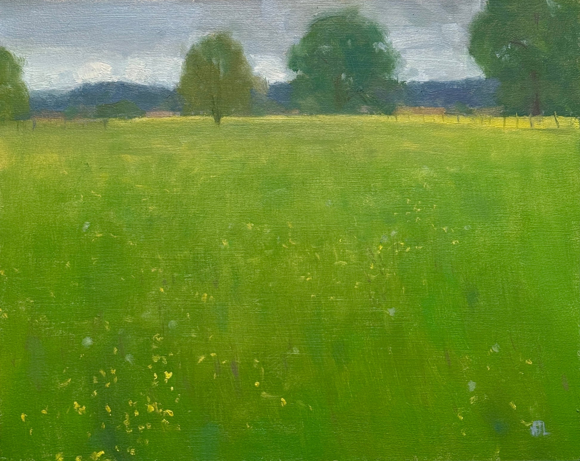 Painting of a green field with buttercups and trees in the background.