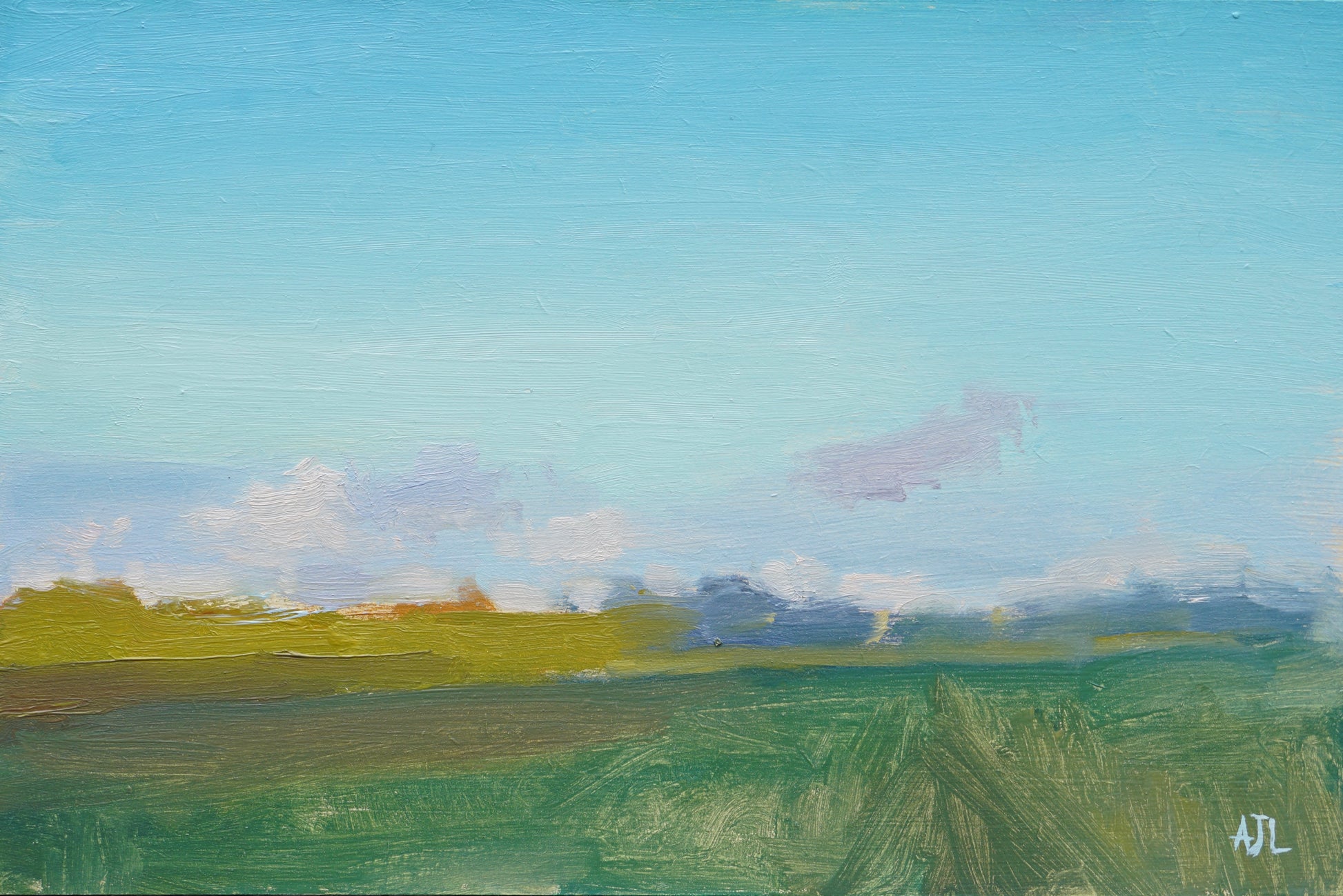 An original oil painting of a country landscape under a light blue sky, made in the impressionistic manner. The artist has signed AJL in light blue, for "Alex James Long", at the bottom right of the artwork. 