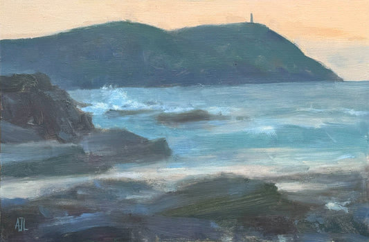 An original oil painting of a sunset along the Cornish coast.