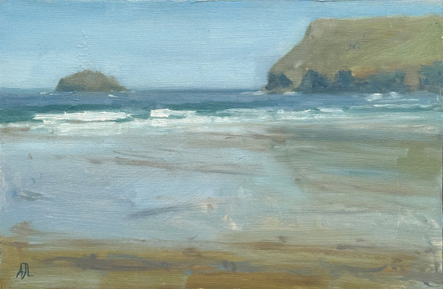 An impressionistic landscape painting of a coastal scene with pale blue sky, ocean waves, sandy beach foreground, and a grassy cliff on the right.