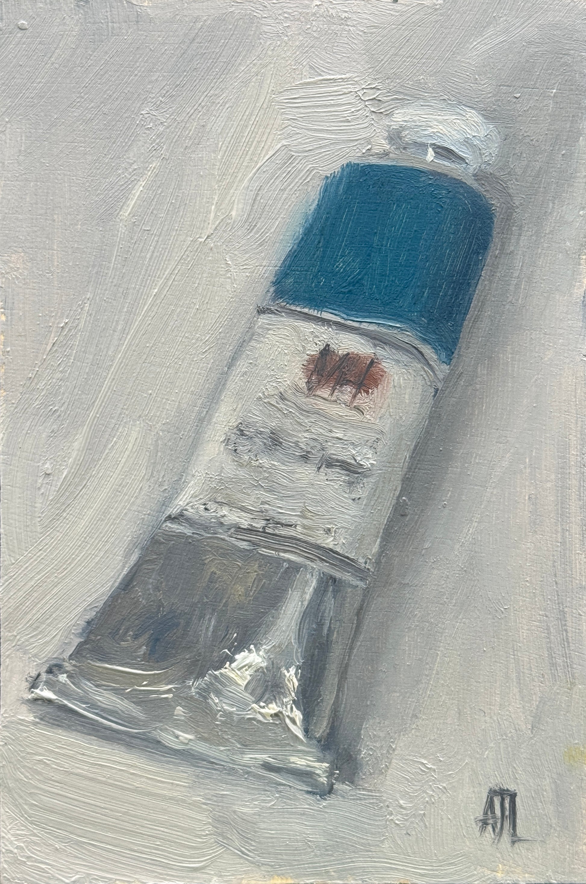 An original oil painting of a cerulean blue paint tube.