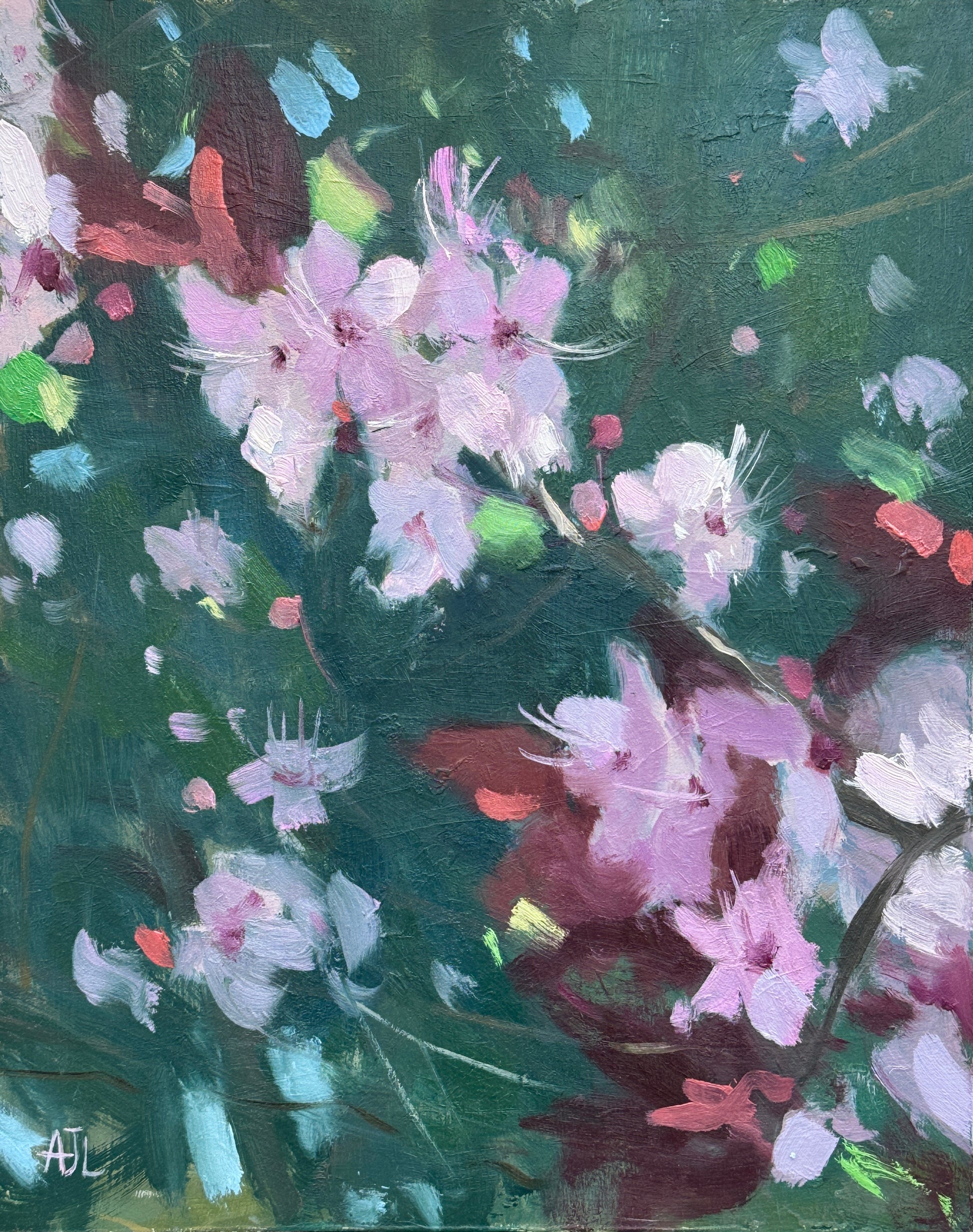 An original oil painting with impressionistic brushstrokes of pink cherry plum blossoms on a green ground.