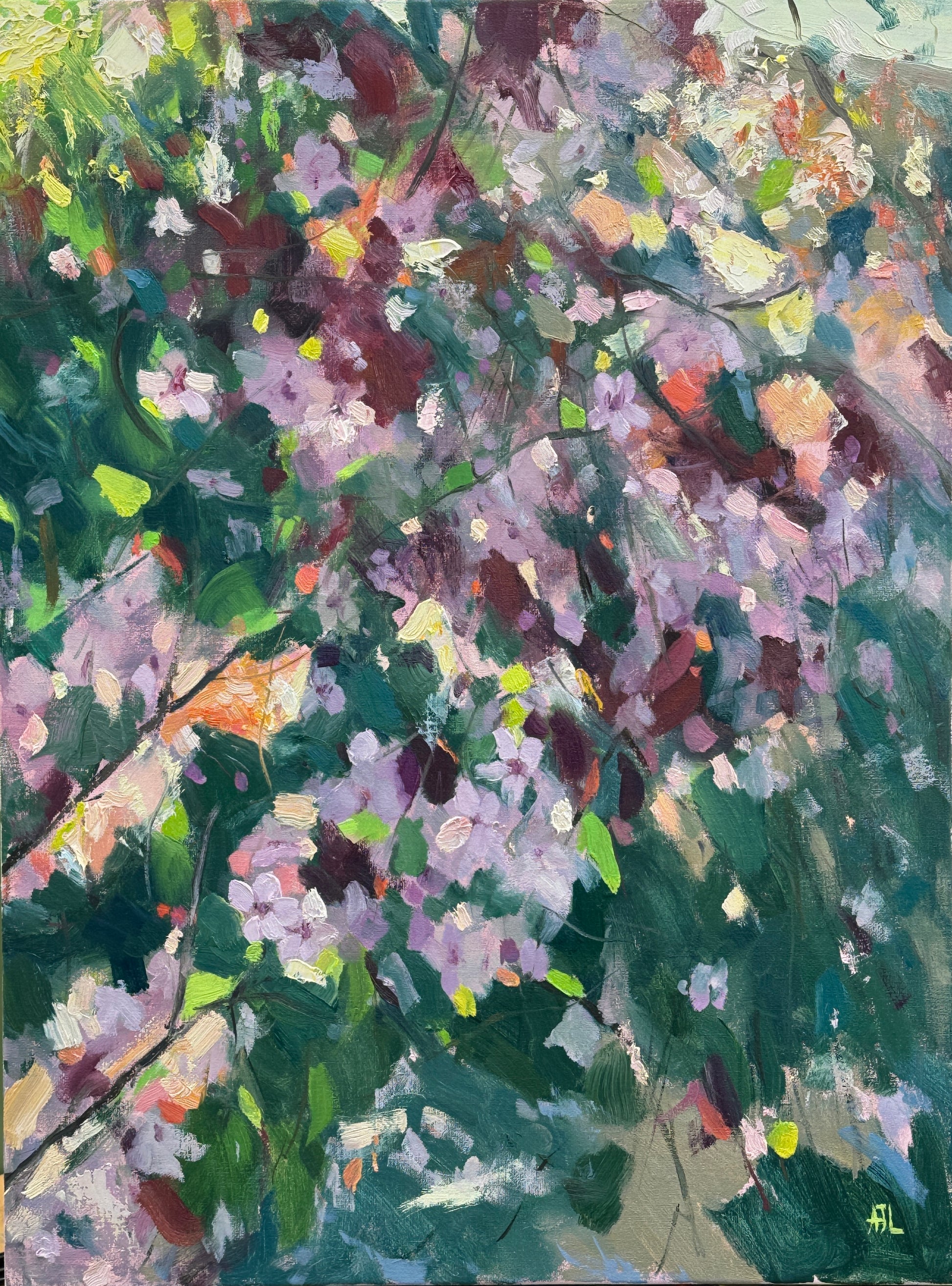 An original oil painting with vibrant brushstrokes in purples and greens.