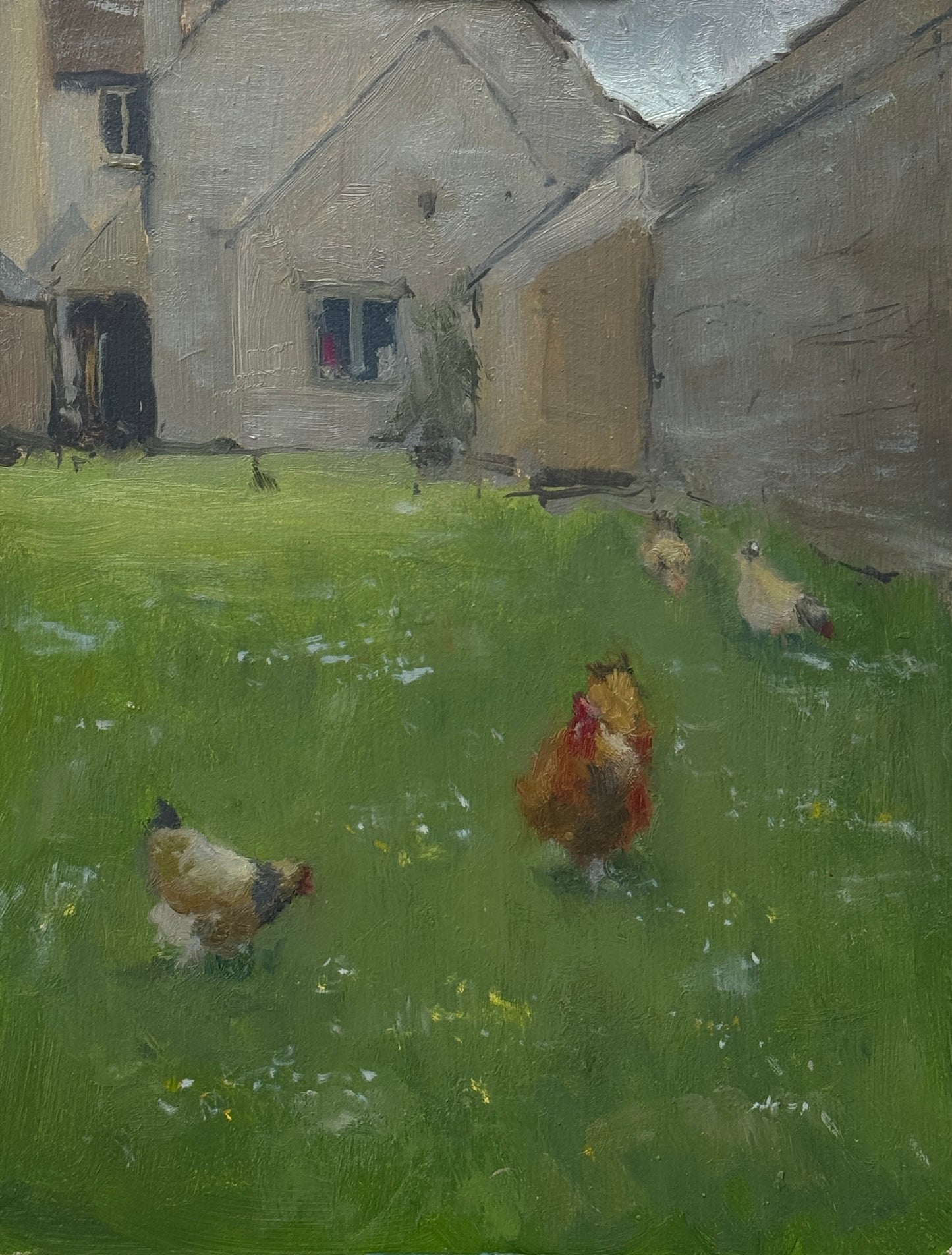 An original oil painting of the exterior of Cogges Manor Farm in Witney, with some of the manor's chickens wandering through the green grass and white and yellow wildflowers nearby. 