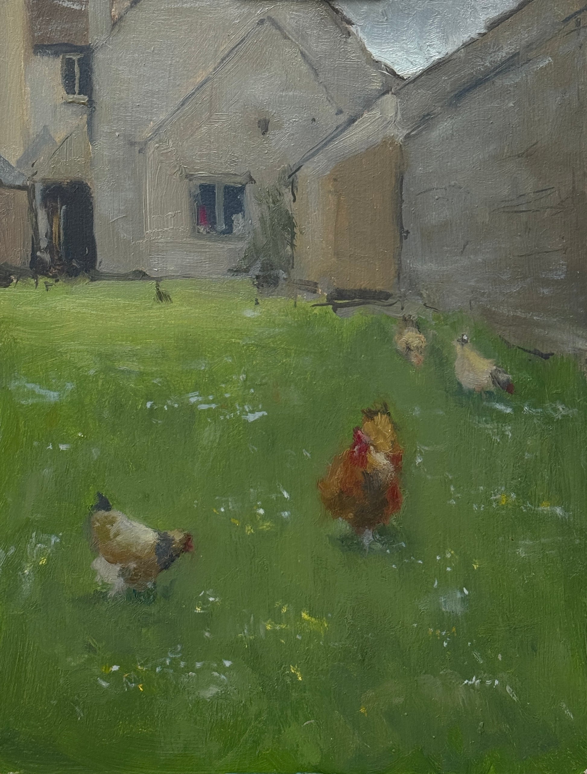 An original oil painting of the exterior of Cogges Manor Farm in Witney, with some of the manor's chickens wandering through the green grass and white and yellow wildflowers nearby. 