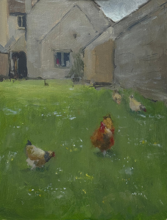An original oil painting of the exterior of Cogges Manor Farm in Witney, with some of the manor's chickens wandering through the green grass and white and yellow wildflowers nearby. 