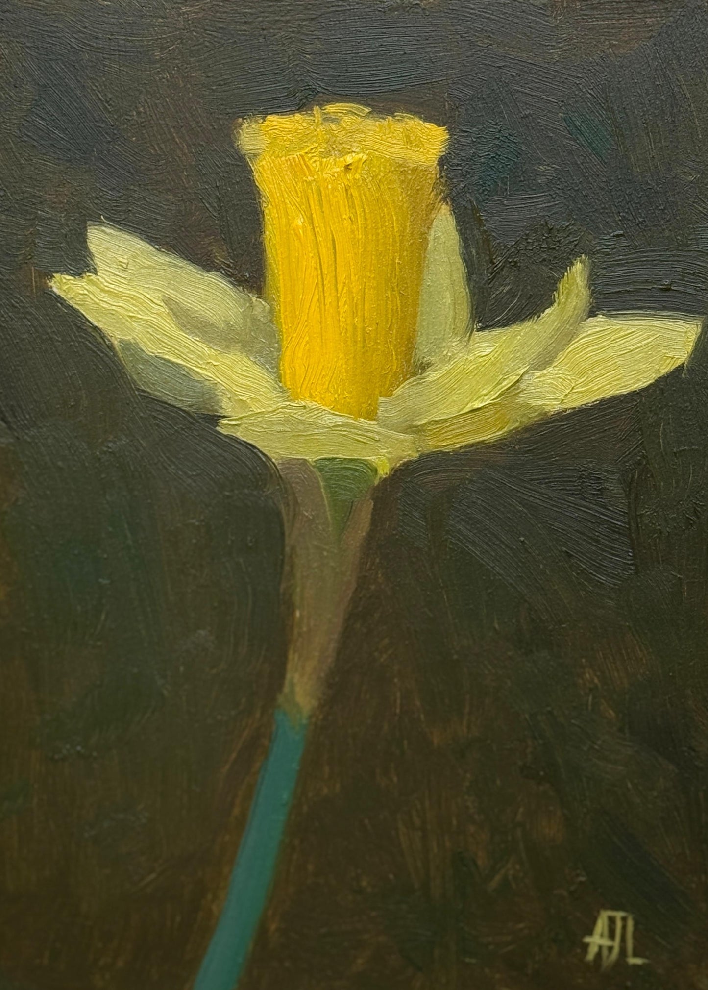 An oil painting of a single daffodil with a bright yellow center and pale yellow petals, set against a dark textured background. The stem is a muted green with a turquoise-blue gradient at the base.