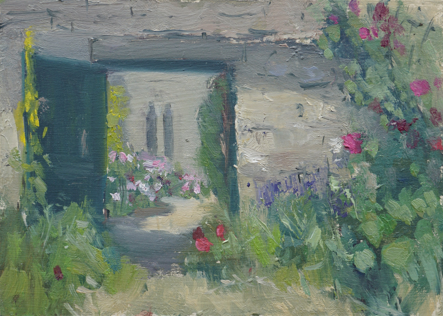 An oil painting of and open green door leading to the interior of the Cogges Manor Farm walled garden, with double arched stone windows in the distance. Painted on a summer day, the colours of the flowers from yellow and pink to blue and red pop against the greens of the foliage and the yellow Cotswold stone. 