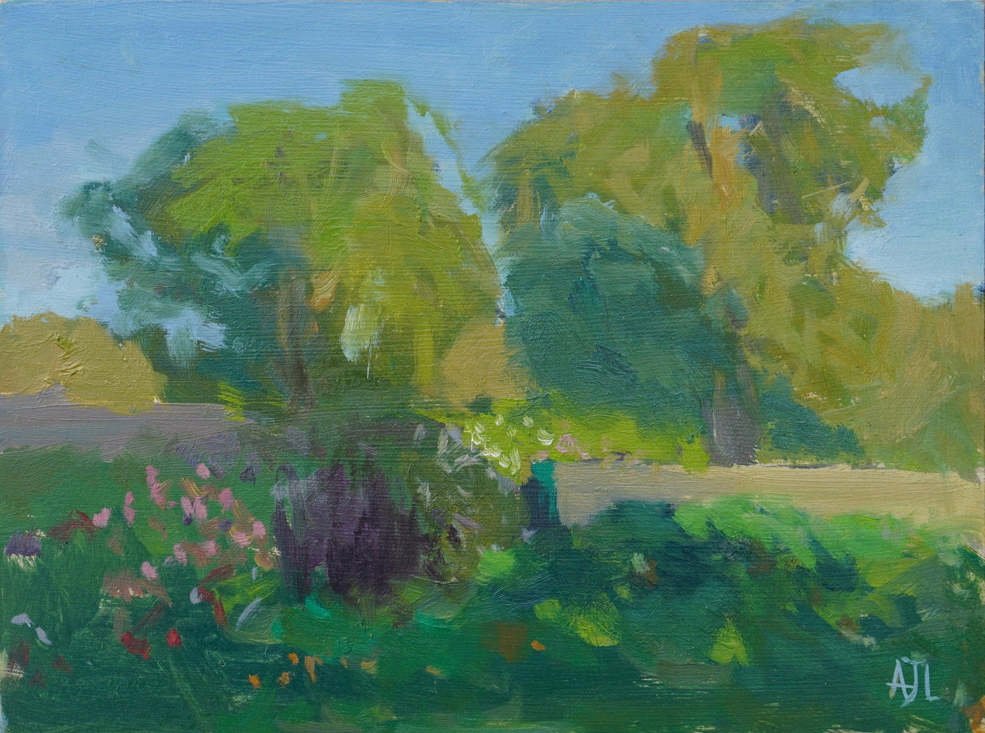 An original oil painting of a garden at Cogges Manor Farm, capturing the evening light as it falls across two large trees, with a hint of blooming flowers in the shade in the foreground. The artist has signed AJL in light blue, for "Alex James Long", at the bottom right of the artwork. 