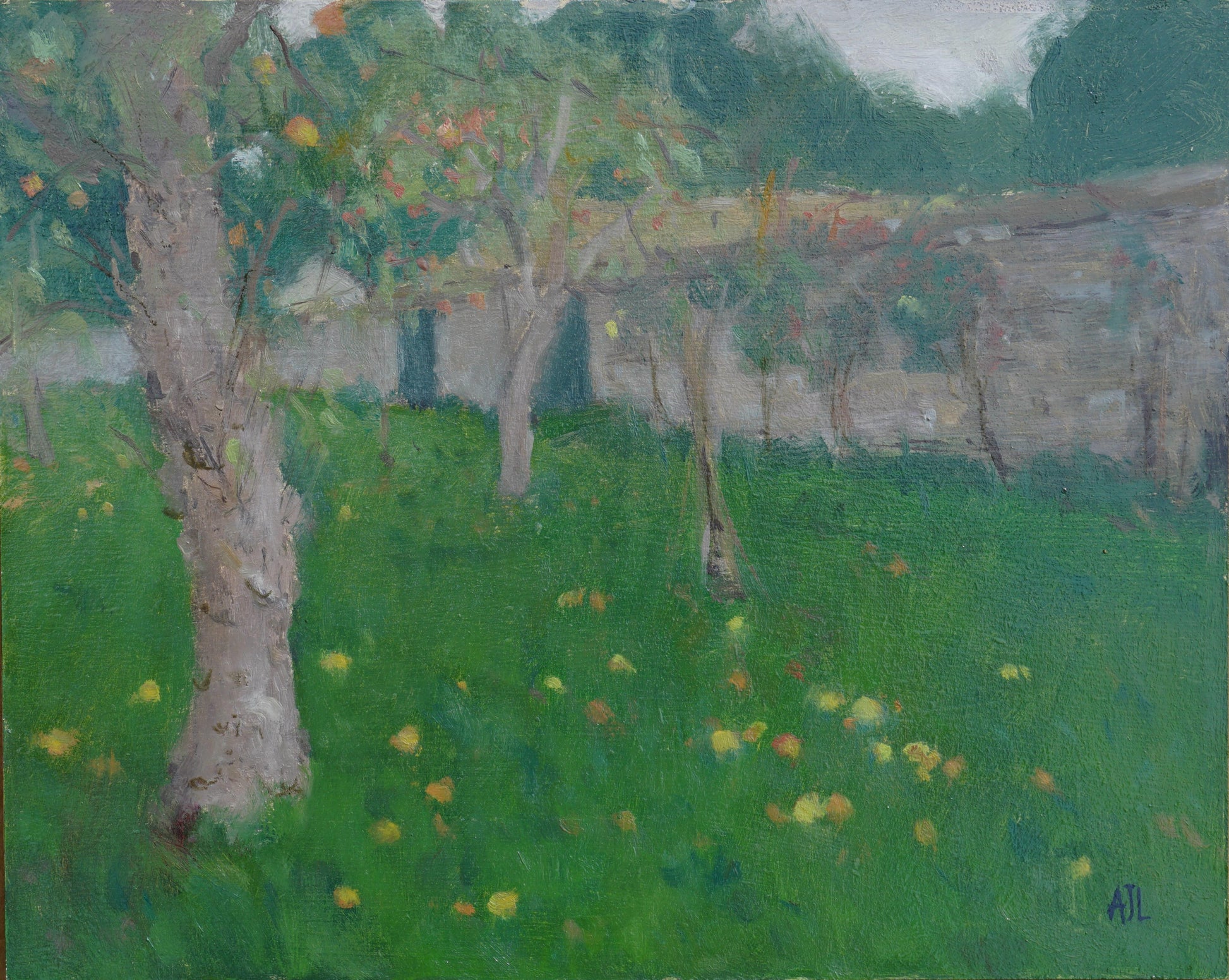 An original oil painting of the orchard outside of the walled garden at Cogges Manor Farm. In an autumnal scene, yellow and red fallen apples dot the ground under the knobbly trees on an overcast day. The artist has signed AJL in blue, for "Alex James Long", at the bottom right of the artwork. 