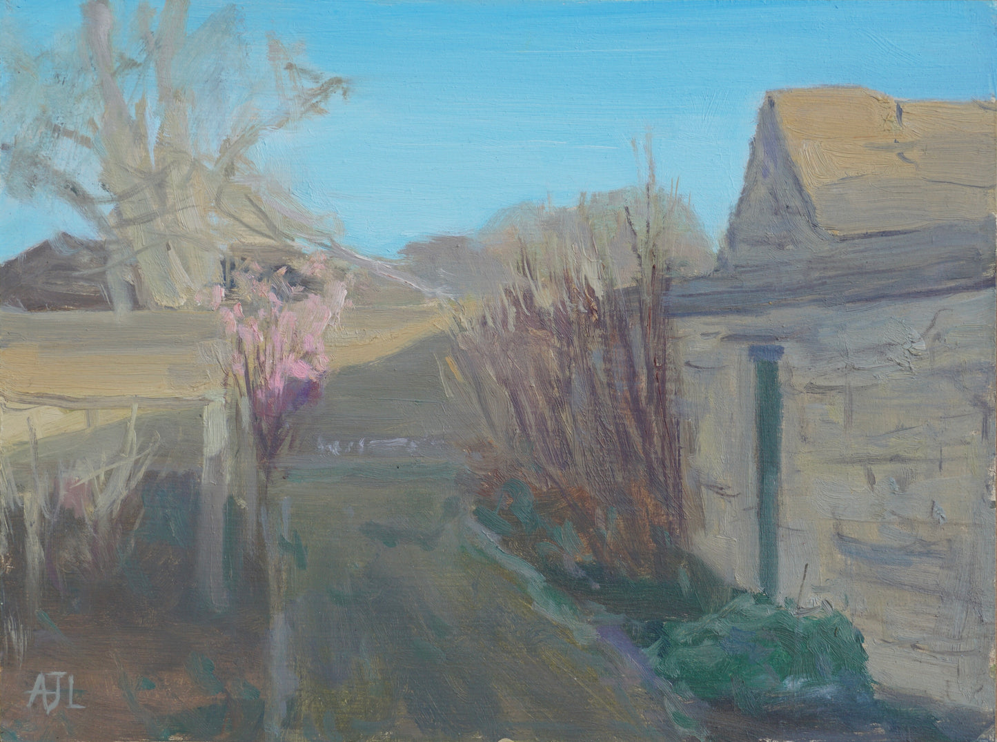 An original oil painting of a blossoming pink plant, just showing life on an early spring day. A pathway in the middle of the painting leads you to the plant, and a Cotswold stone wall and the Cogges manor house are on the right. The artist has signed AJL in grey, for "Alex James Long", at the bottom left of the artwork. 