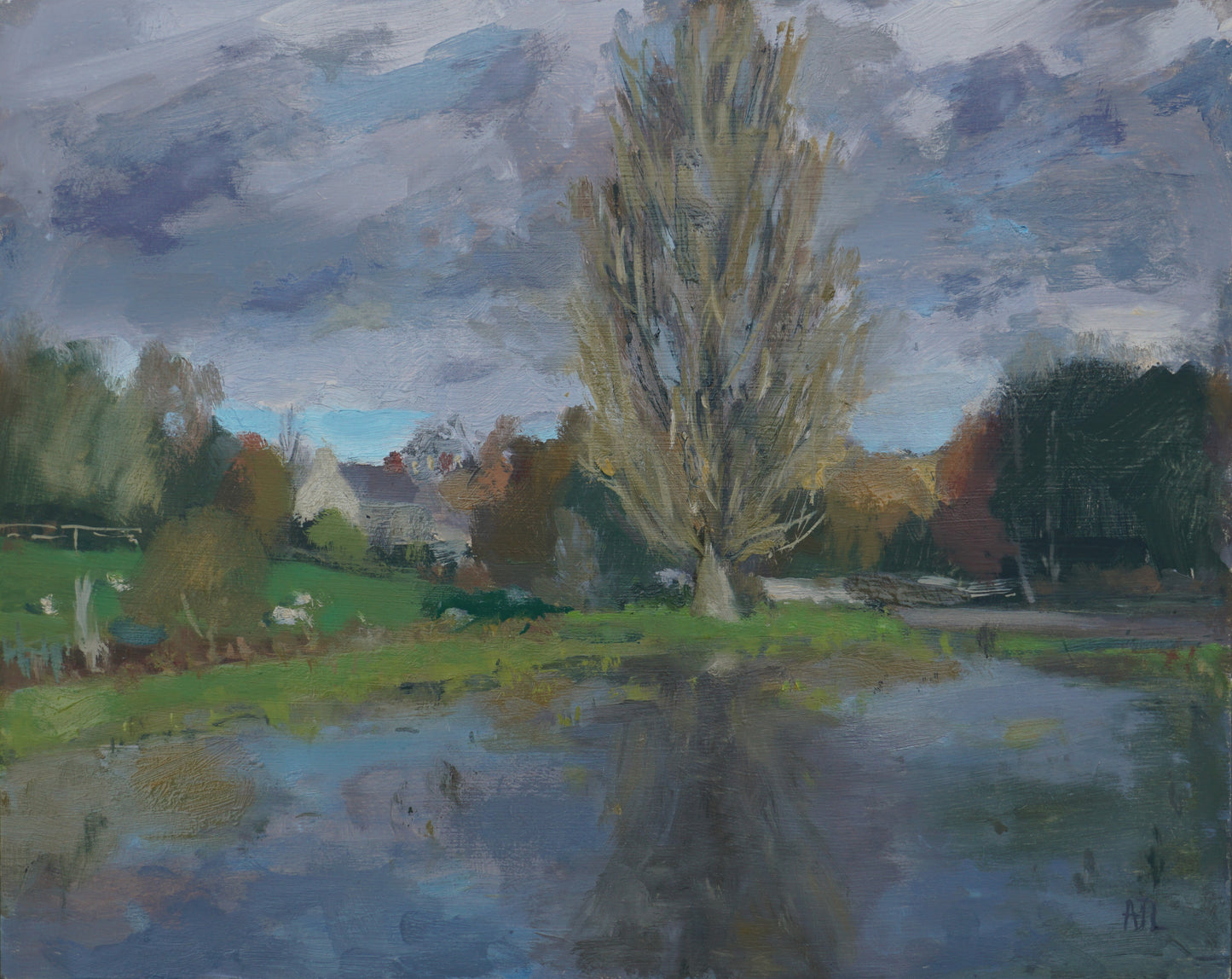 An original oil painting of a flooded field in the Cotswolds with a large tree reflected in the water. The artist has signed AJL in blue, for "Alex James Long", at the bottom right of the artwork. 