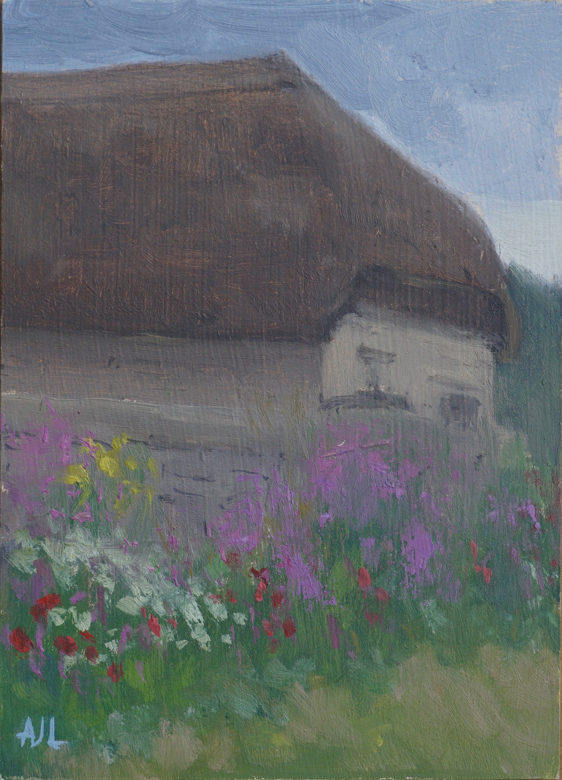 An original oil painting of a traditional thatched-roof cottage in the Cotswolds, at Cogges Manor Farm. The cloudless sky is blue above the building, and in the foreground, flowers are blooming against a wall, in a riot of purple, yellow, white and red.  The artist has signed AJL in light blue, for "Alex James Long", at the bottom left of the artwork. 