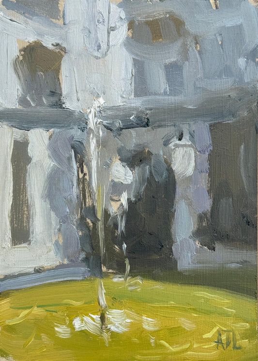 A bubbling fountain next to Italian architecture in an original oil painting.