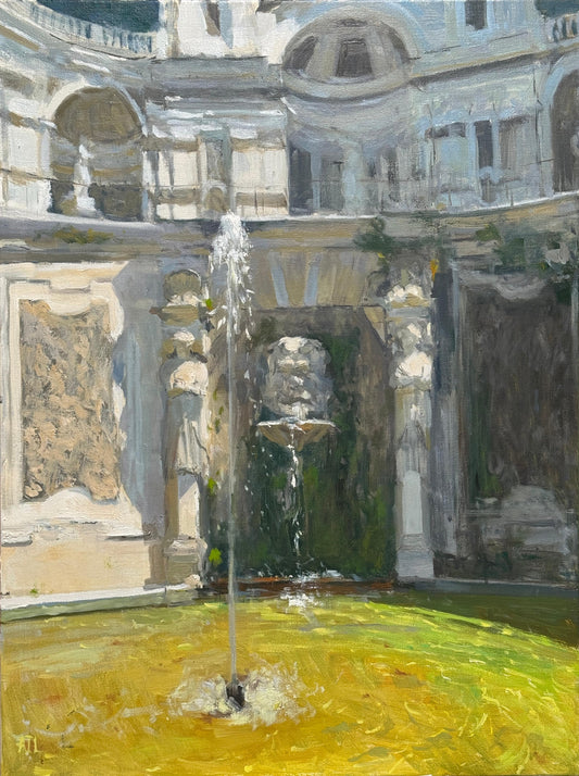 An original oil painting of a fountain in a classical architectural setting with columns and arches.