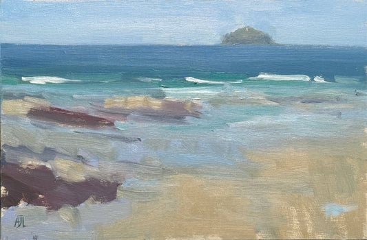 An original oil painting of a seascape using blue, green and tan impressionistic brushstrokes.