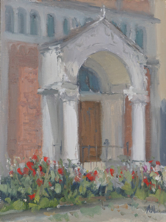 Oil painting depicting the Giardino Martin Lutero in Florence, with a garden of Roses in the foreground and the sunlit church behind it.