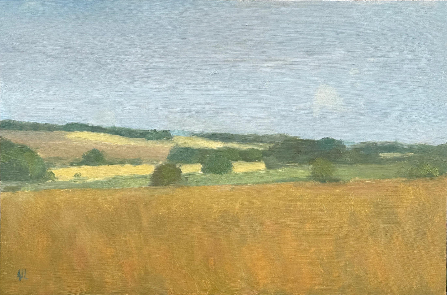 An oil landscape painting depicting a golden wheat field under a pale blue sky, with green trees and rolling hills in the background.
