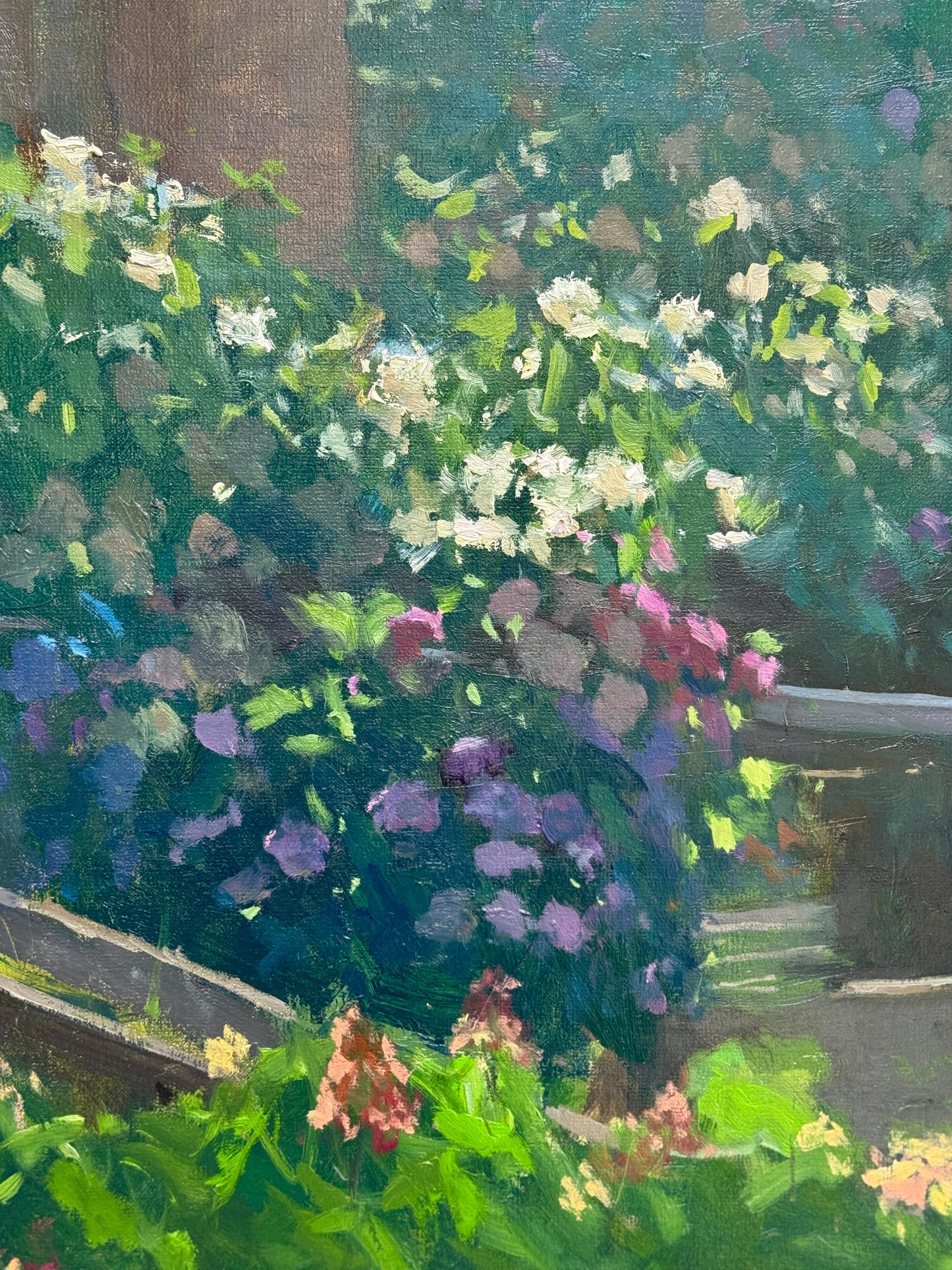 Painting of a hydrangea with flowers and green leaves