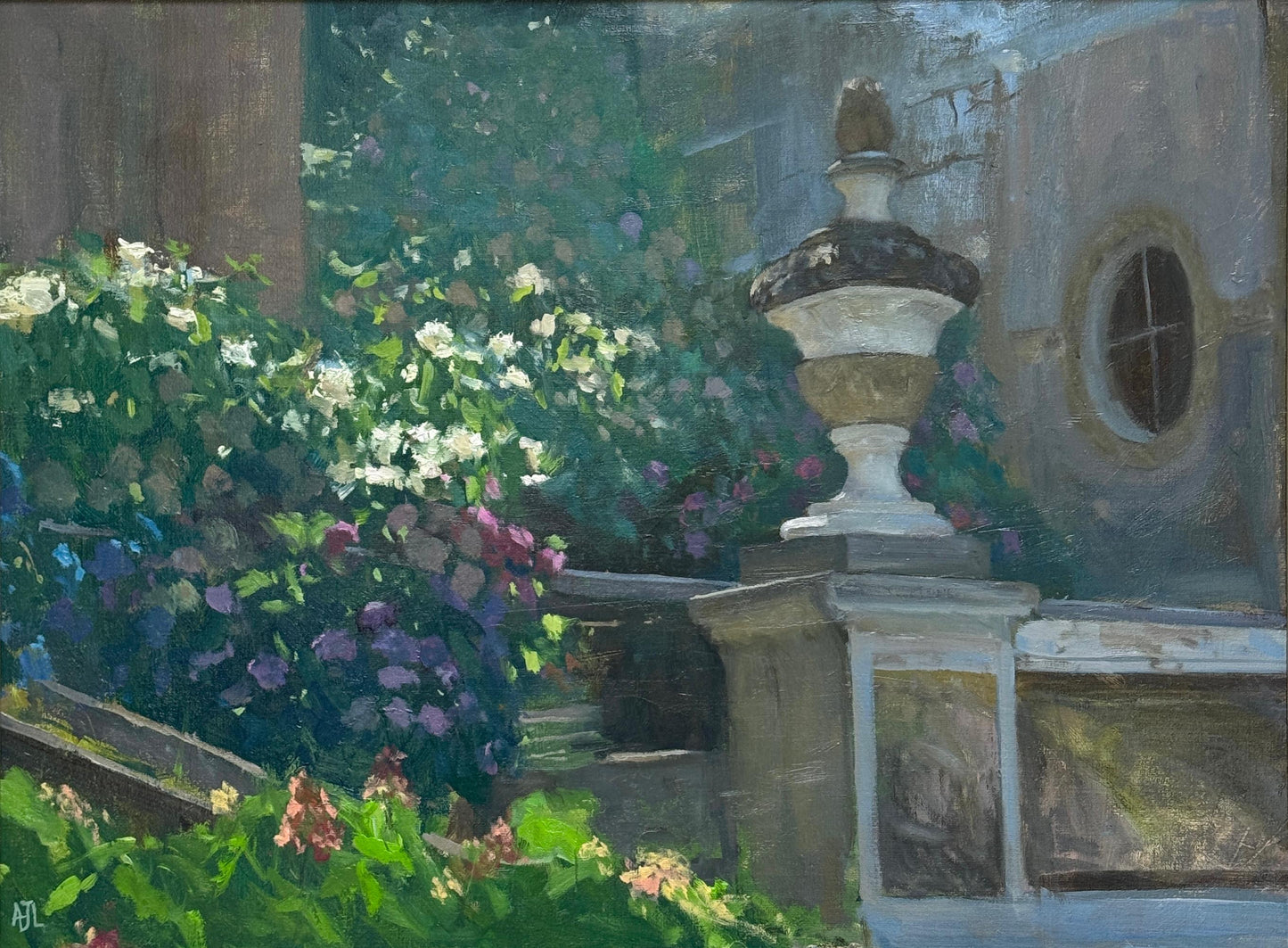 An original oil painting of white, pink, purple and blue hydrangeas on a slope near an Italian villa.