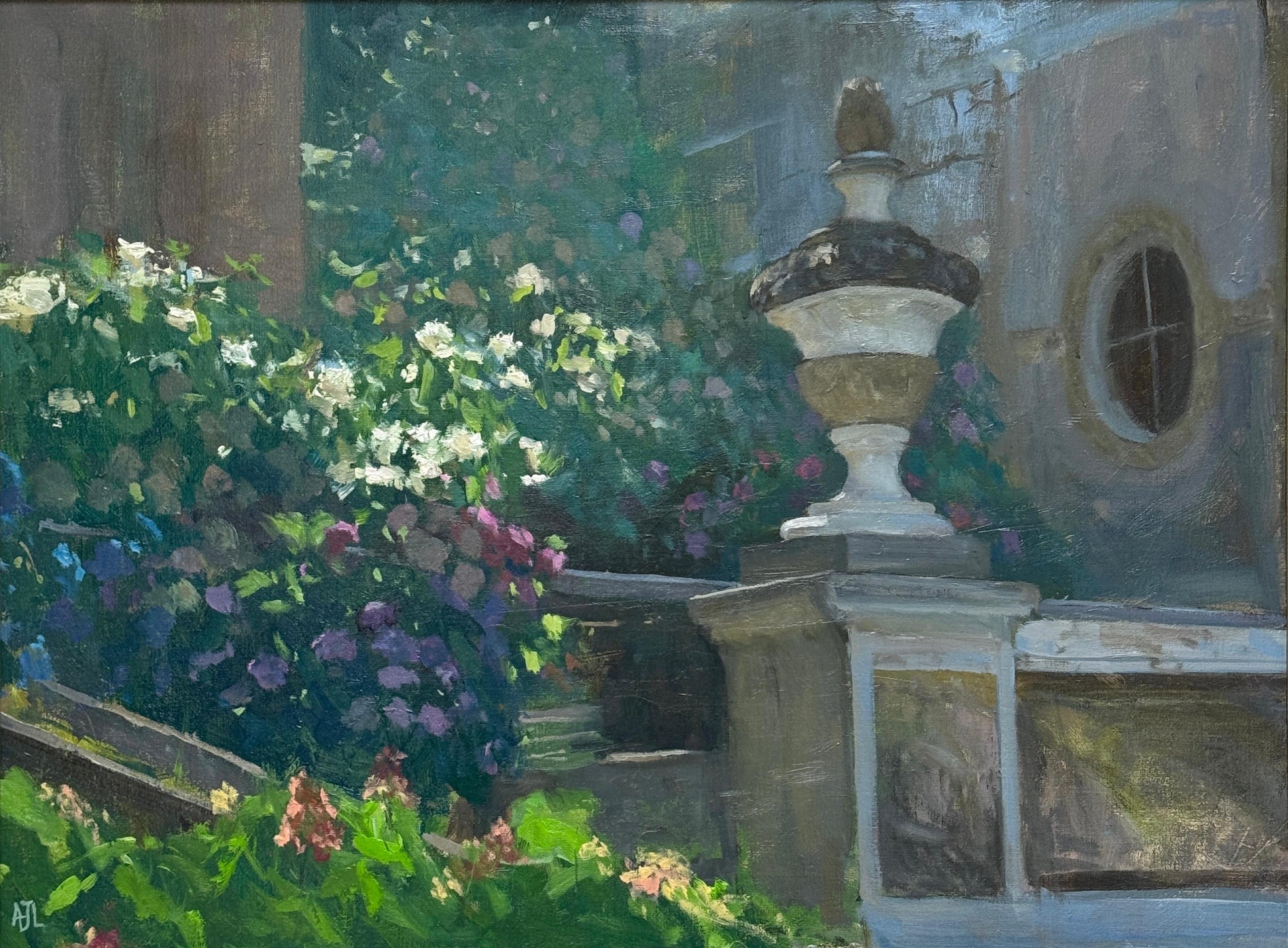 An original oil painting of white, pink, purple and blue hydrangeas on a slope near an Italian villa.