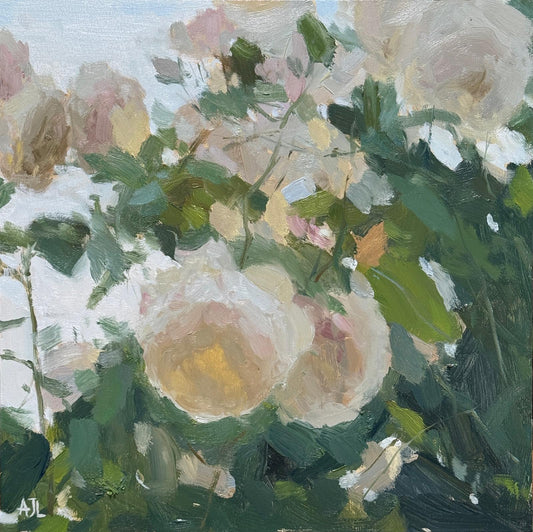 An original oil painting of white roses close up to the foreground.