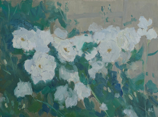 An original oil painting depicting a mass of flowering white roses with blue-green leaves. The artist has signed AJL, for "Alex James Long", at the bottom right of the artwork. 