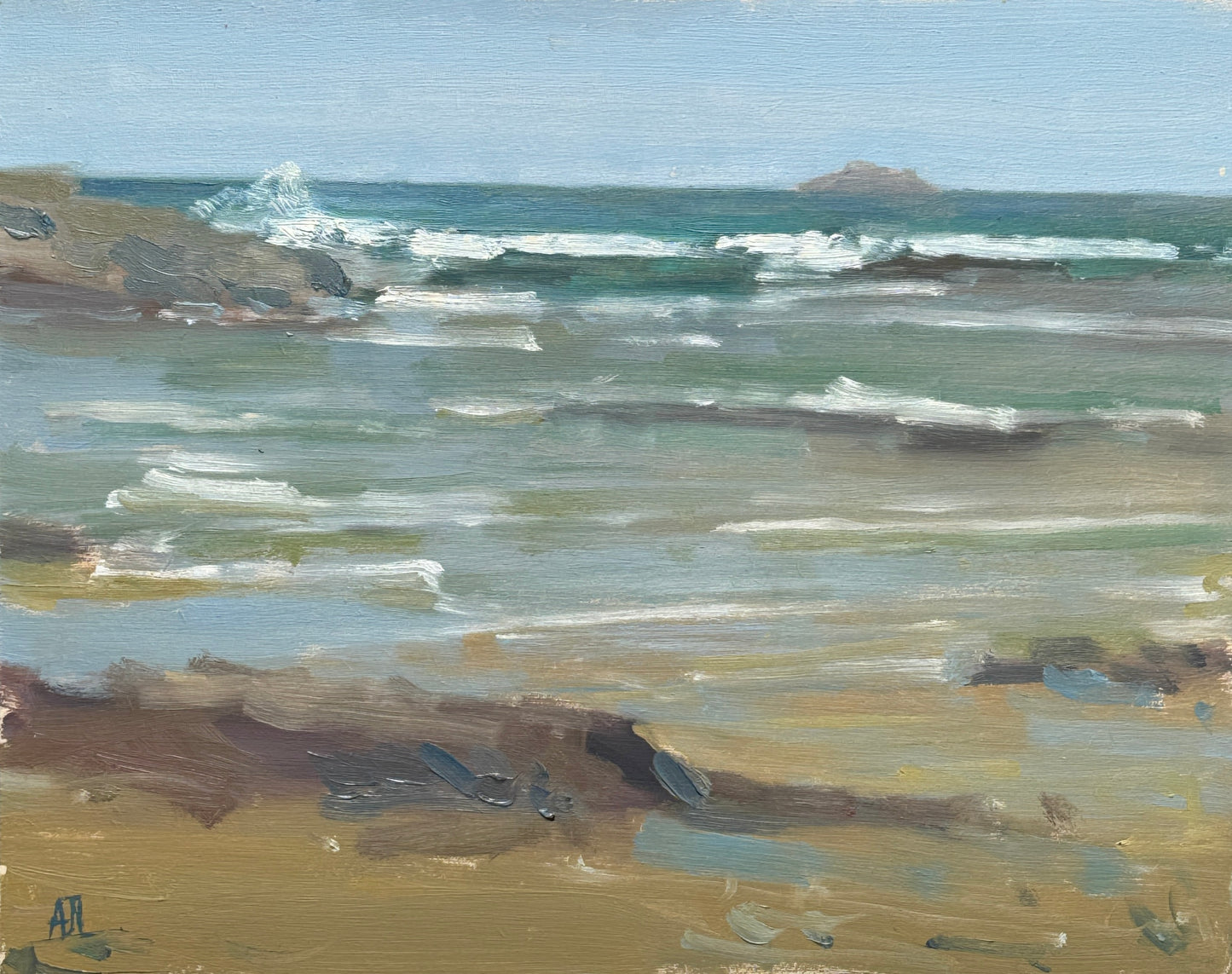 An original oil painting of breaking surf against the sand and rocks of a beach.