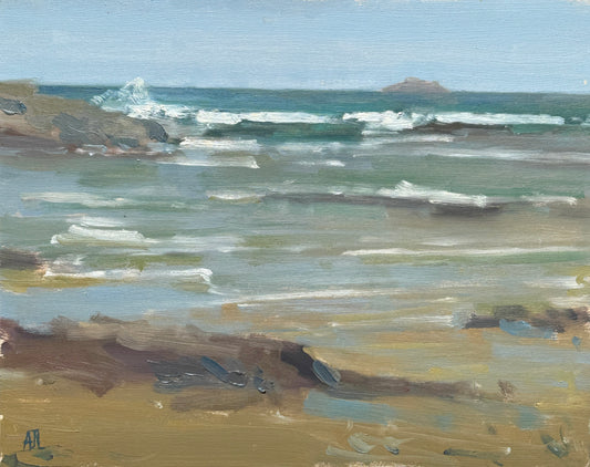 An original oil painting of breaking surf against the sand and rocks of a beach.