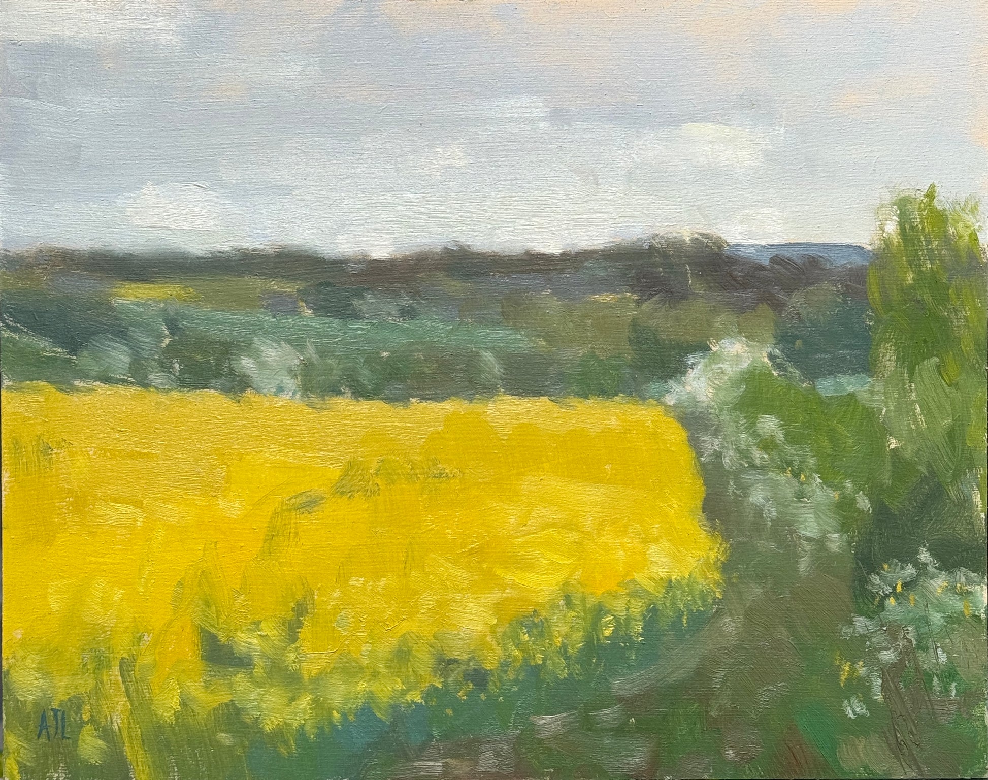 Impressionistic landscape painting of a bright yellow rapeseed field under a cloudy sky, with green trees and dark distant hills.