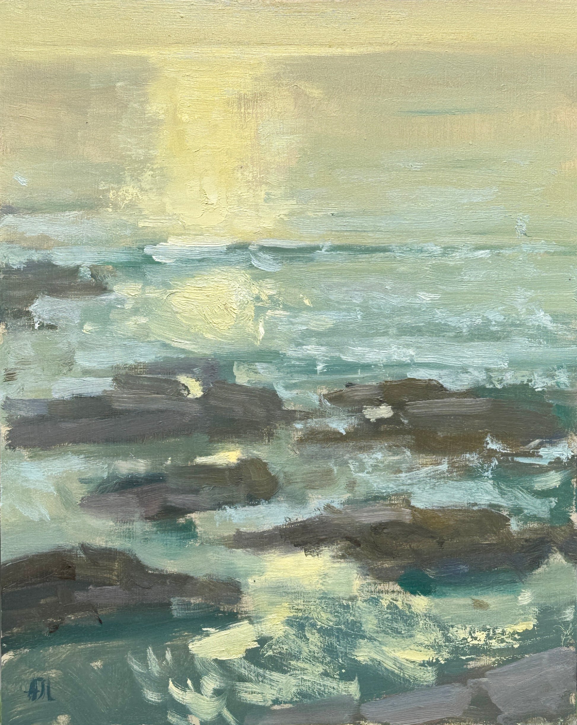 An impressionistic painting of a coastal seascape with dark rocky shoreline, pale blue-green water, and a bright pale yellow sunlit area near the horizon.