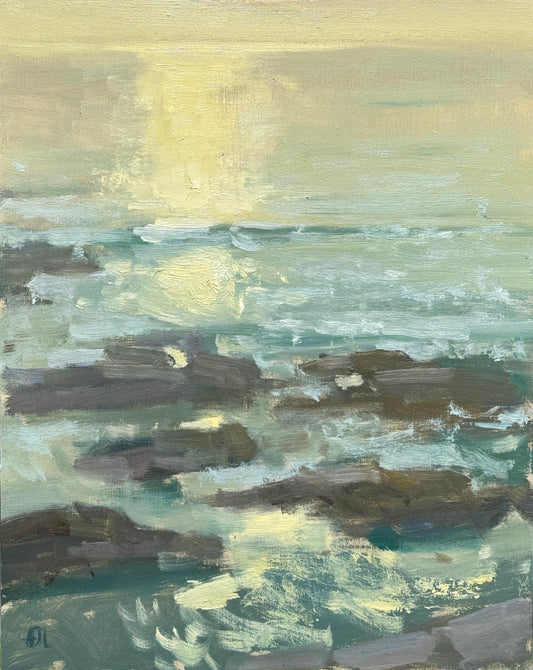 An impressionistic painting of a coastal seascape with dark rocky shoreline, pale blue-green water, and a bright pale yellow sunlit area near the horizon.