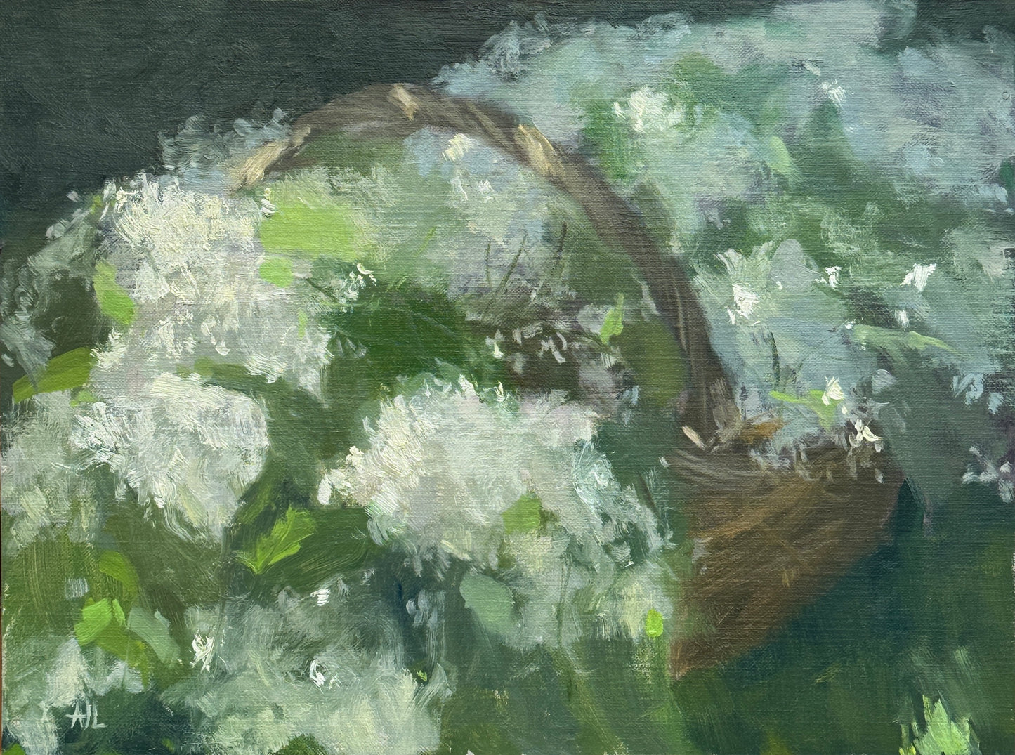 An original artwork of white lilacs in a basket.
