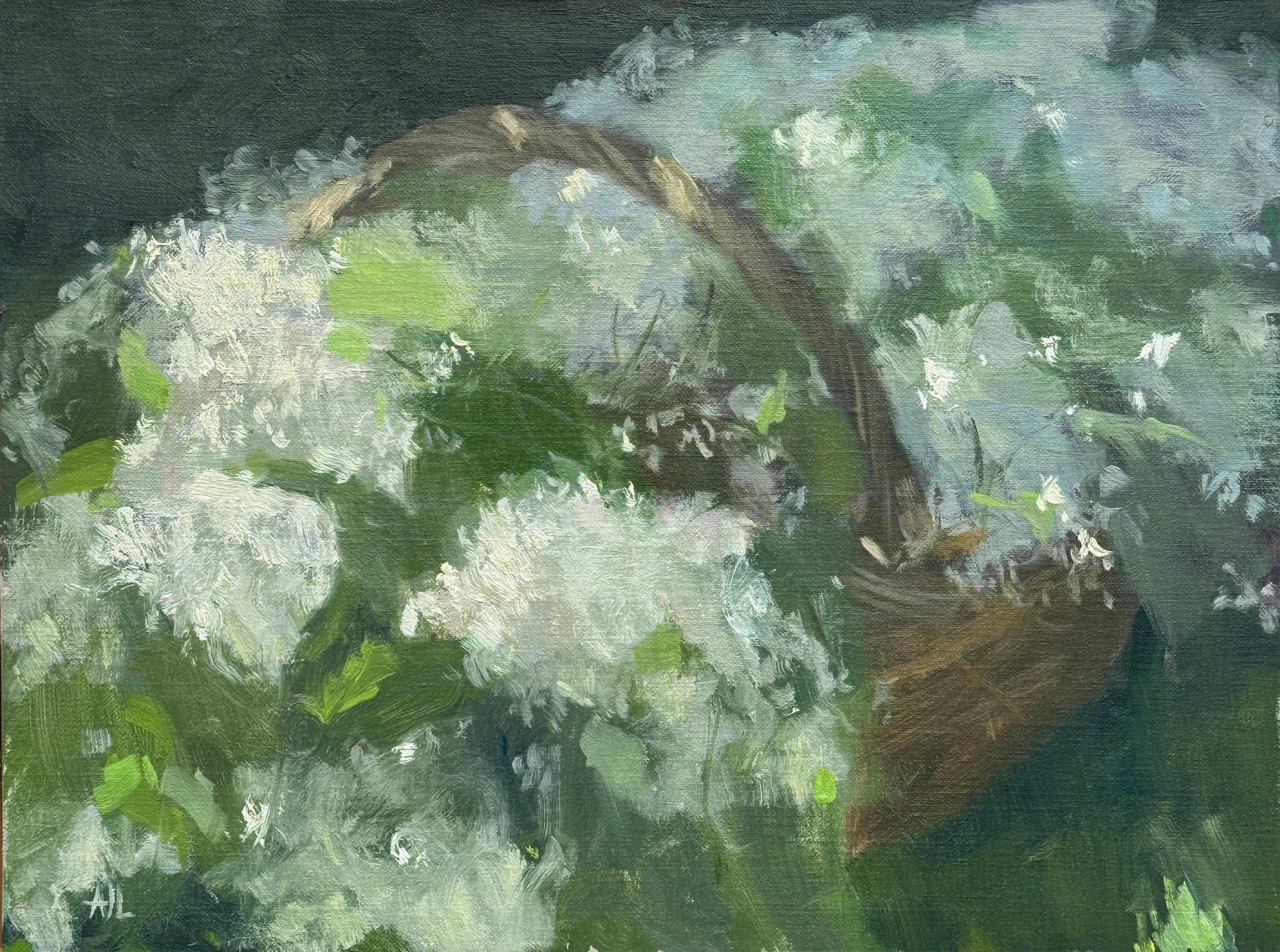 An original artwork of white lilacs in a basket.