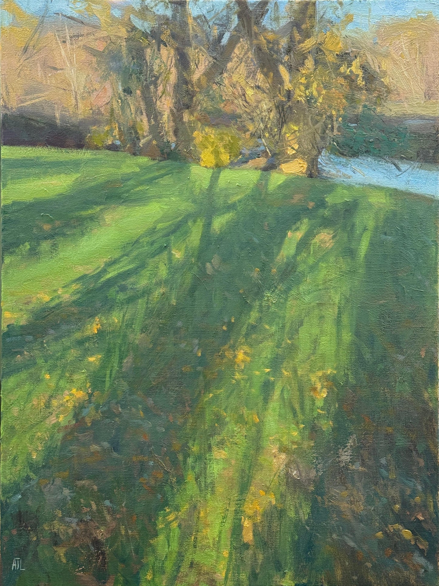 An original oil painting of a green lawn on the banks of a river.